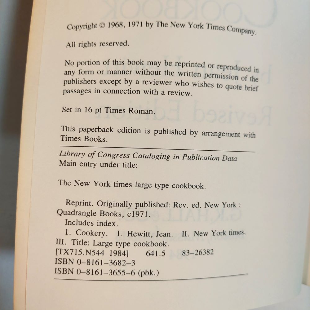 The New York Times Large Type Cookbook by Jean Hewitt Revised Edition