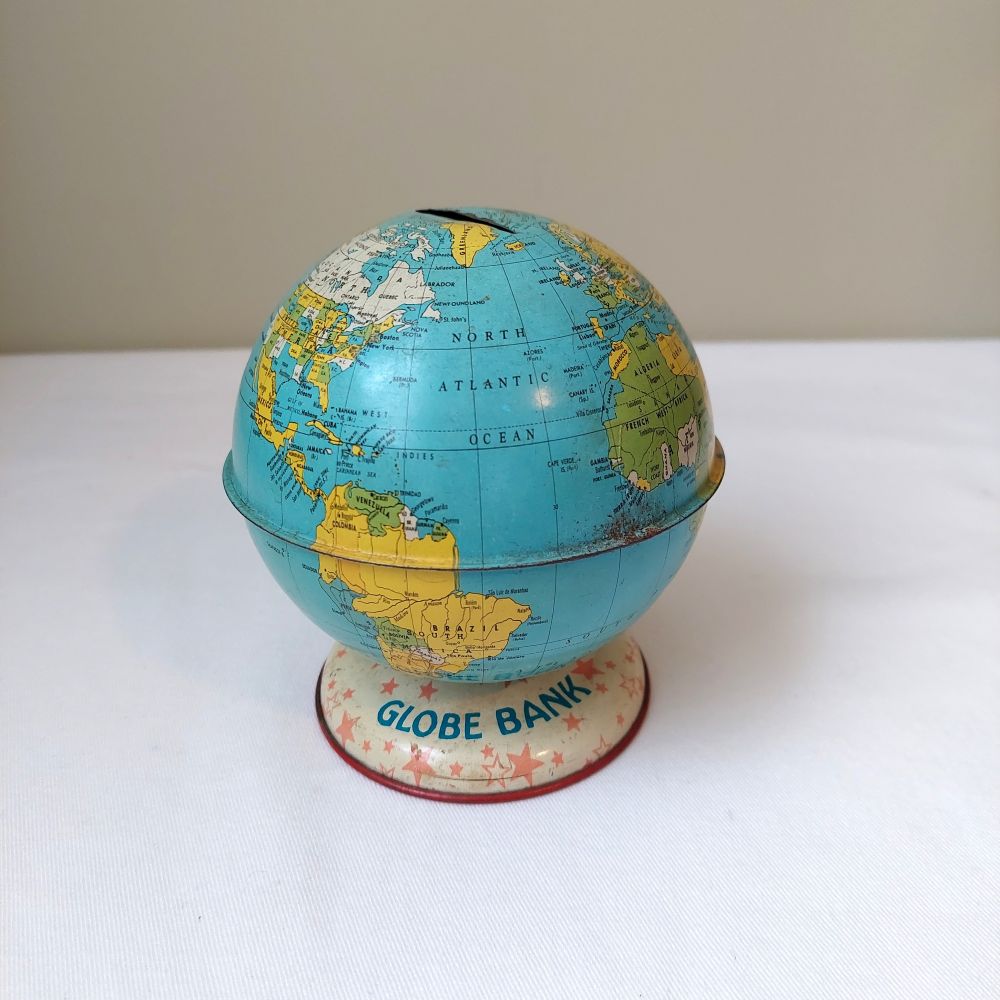 J. Chein & Co. Tin Lithographed Vintage Globe Coin Bank