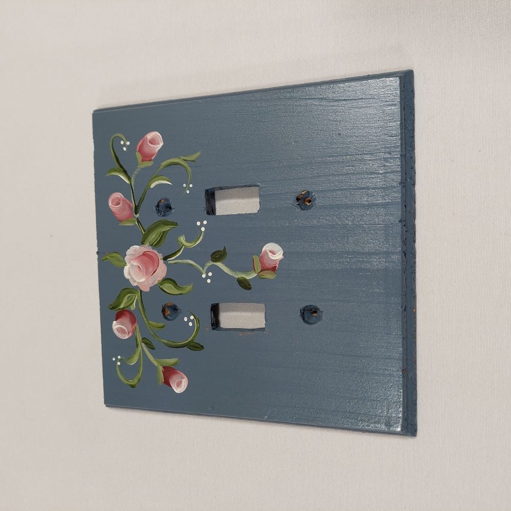 Handmade 2-Gang Wall Plate Blue with Pink Floral Pattern