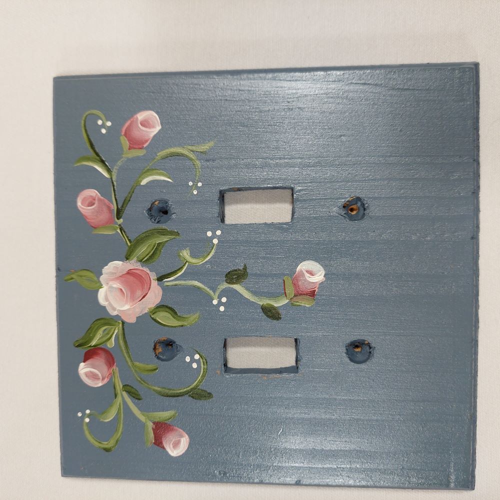 Handmade 2-Gang Wall Plate Blue with Pink Floral Pattern