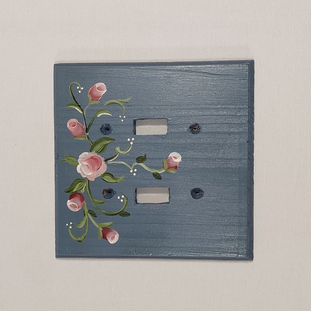 Handmade 2-Gang Wall Plate Blue with Pink Floral Pattern