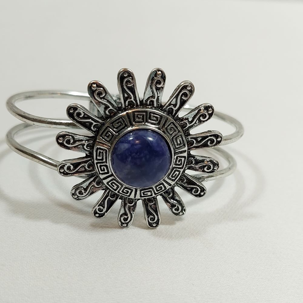 Silvertone Hinged Bracelet with Round Blue Faux Gemstone