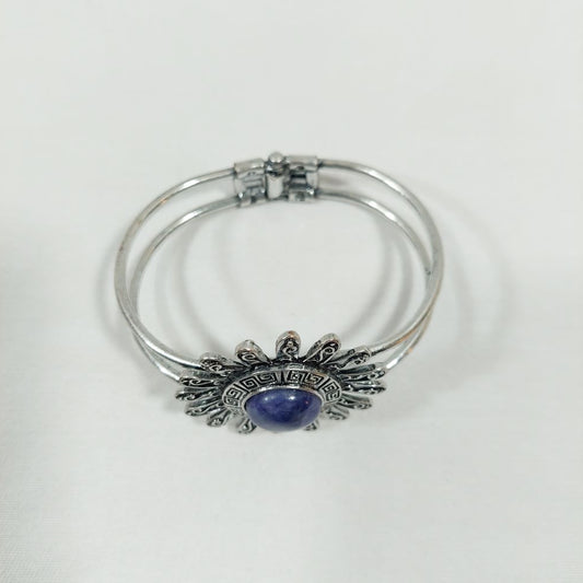 Silvertone Hinged Bracelet with Round Blue Faux Gemstone