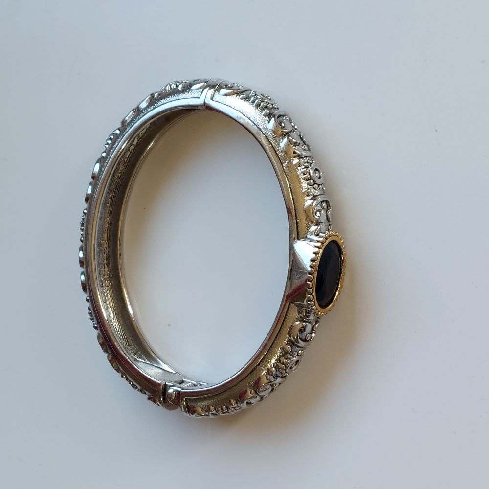 Silvertone Solid Hinged Bracelet with Black Faux Gemstone