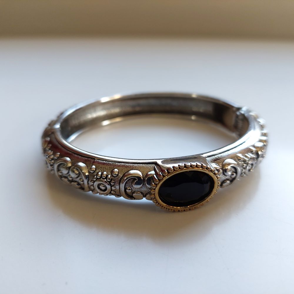 Silvertone Solid Hinged Bracelet with Black Faux Gemstone
