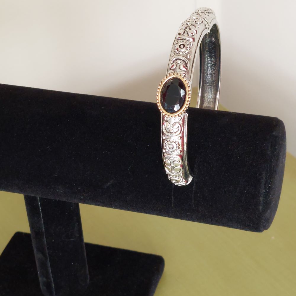 Silvertone Solid Hinged Bracelet with Black Faux Gemstone