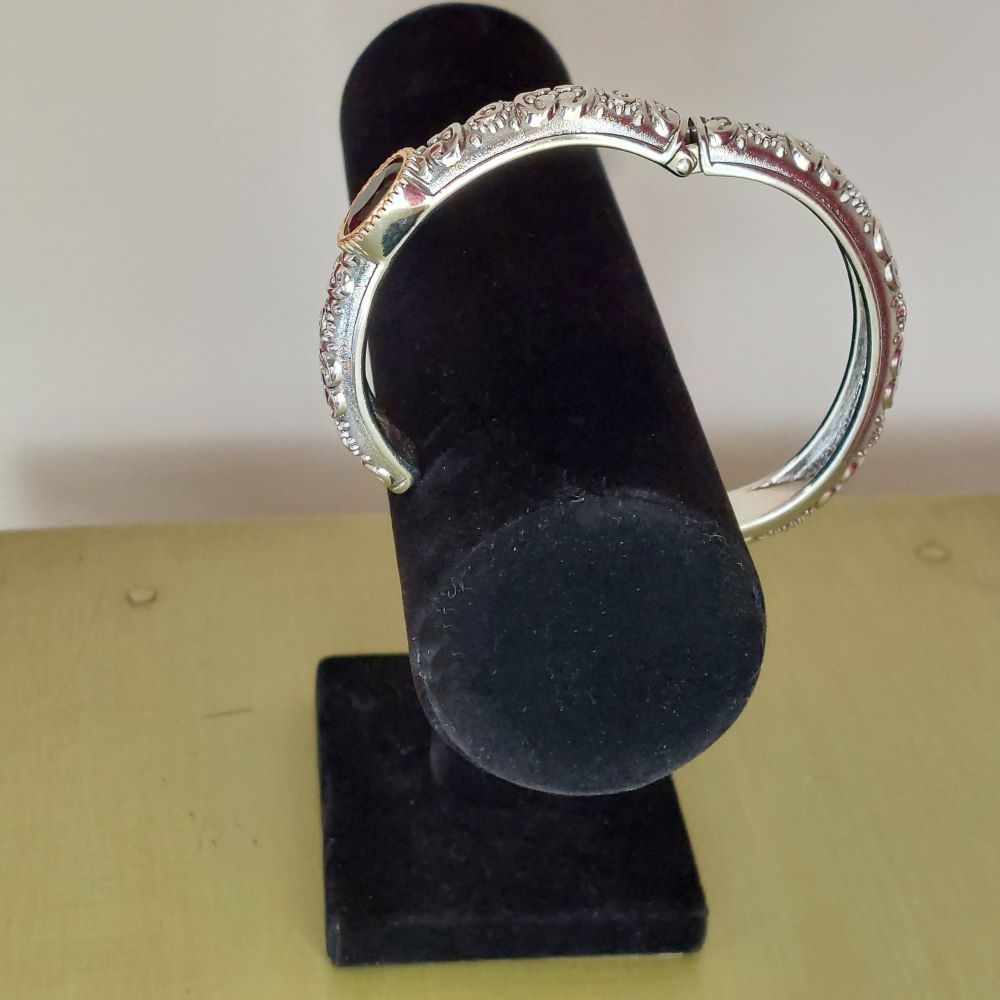 Silvertone Solid Hinged Bracelet with Black Faux Gemstone