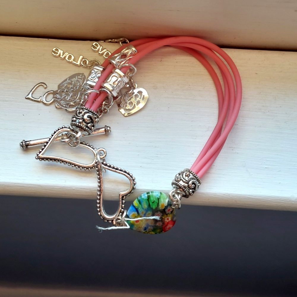 Pink Multi-Cord Hearts Charm Bracelet Costume Jewelry