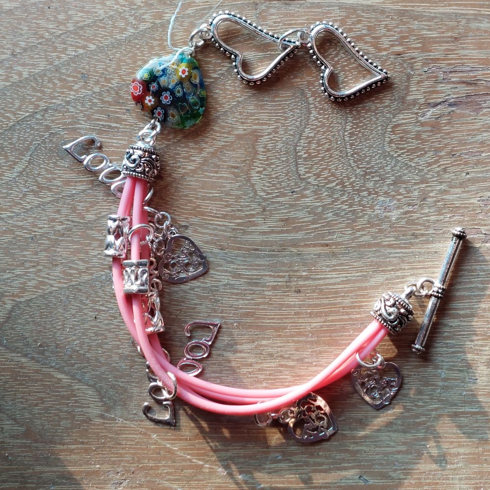 Pink Multi-Cord Hearts Charm Bracelet Costume Jewelry