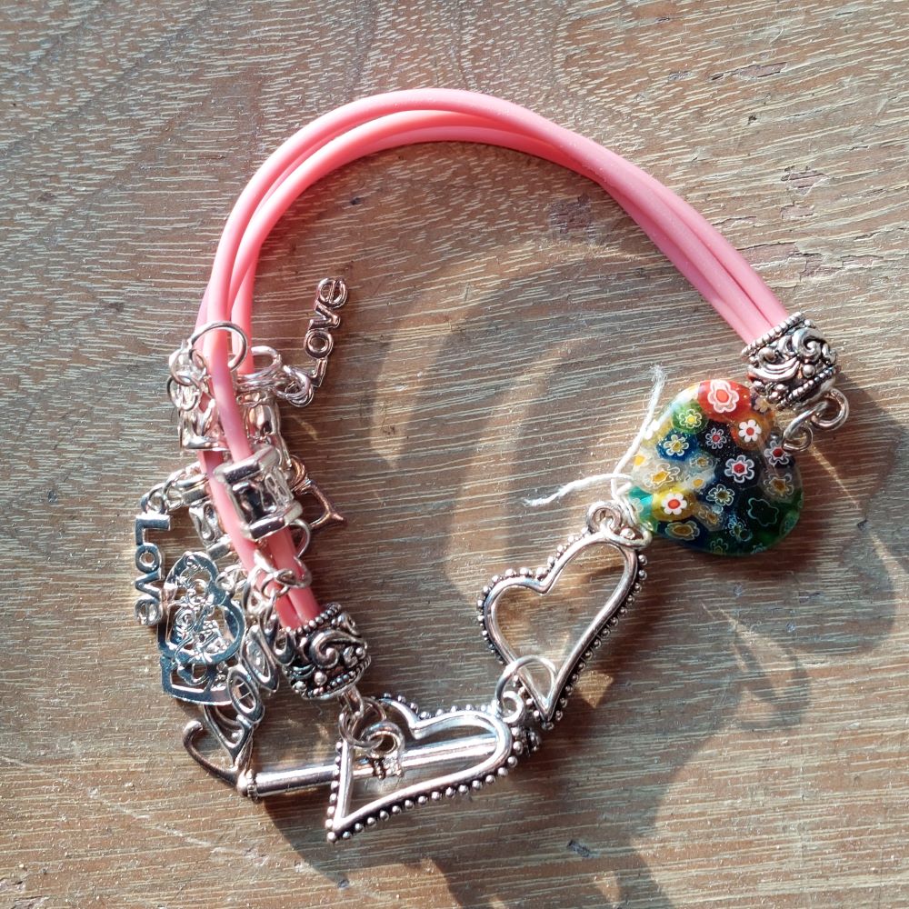 Pink Multi-Cord Hearts Charm Bracelet Costume Jewelry