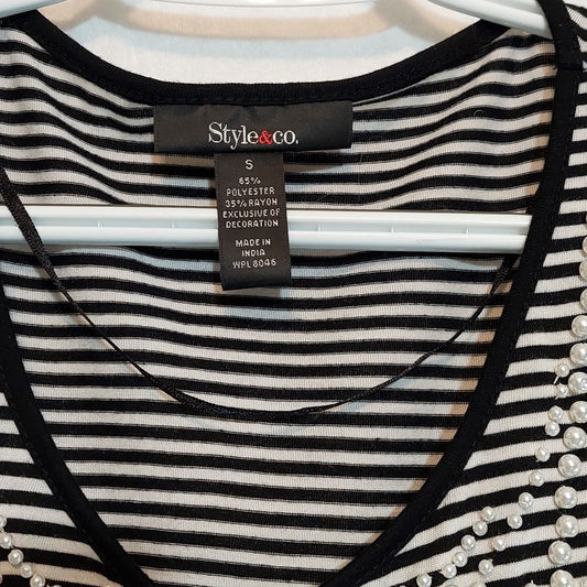 Striped Cap Sleeve Top with Faux Pearls Embellishment - Women Size Small