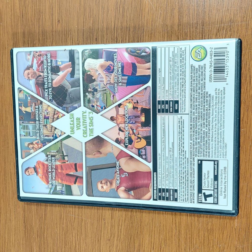 The Sims 3 DVD Rom Software View of Back of Package