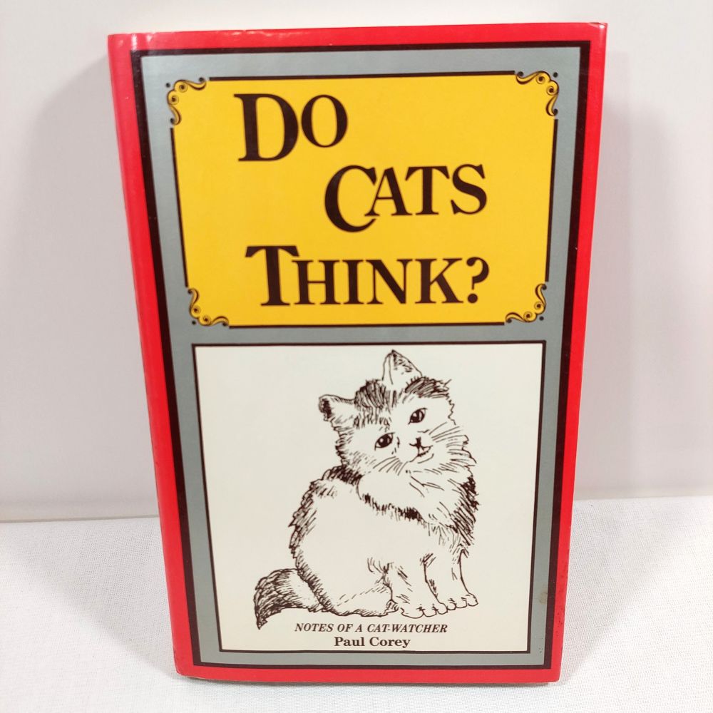 The front cover of the book 'Do Cats Think?' by Paul Corey, featuring a red border, a yellow title panel, and a black-and-white illustration of a cat.