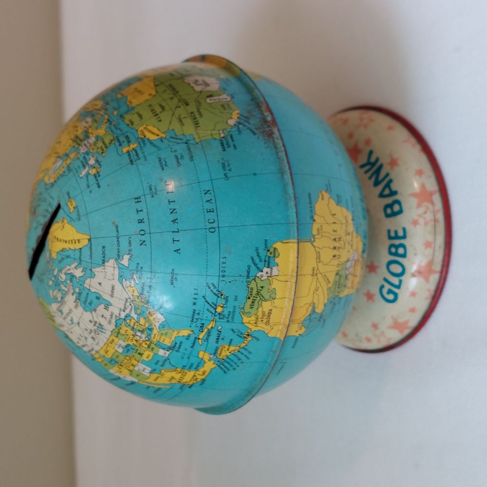 J. Chein & Co. Tin Lithographed Vintage Globe Coin Bank