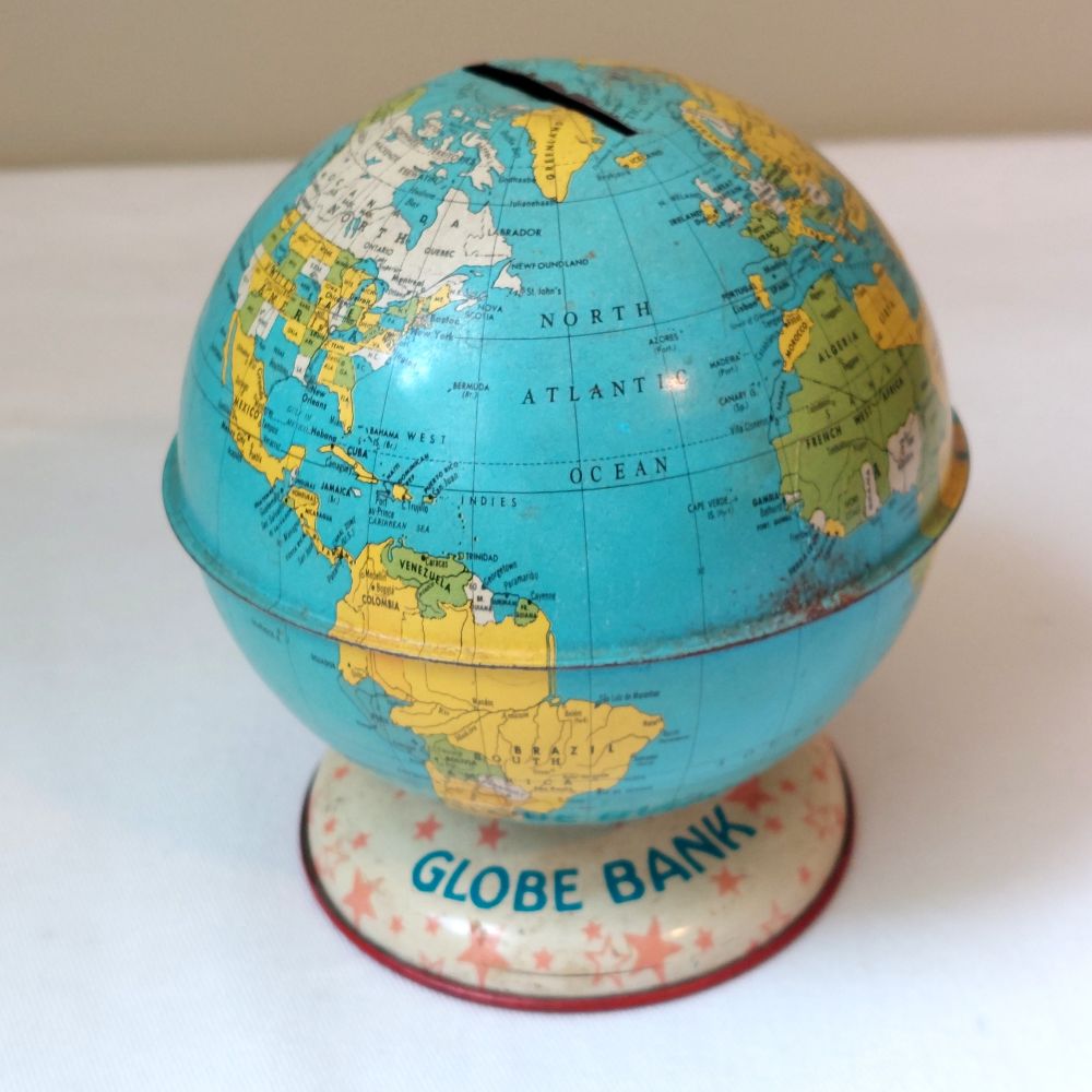 J. Chein & Co. Tin Lithographed Vintage Globe Coin Bank