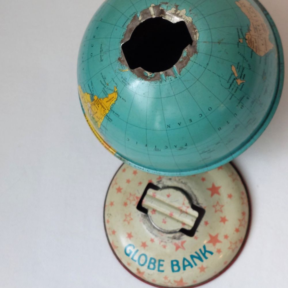 J. Chein & Co. Tin Lithographed Vintage Globe Coin Bank