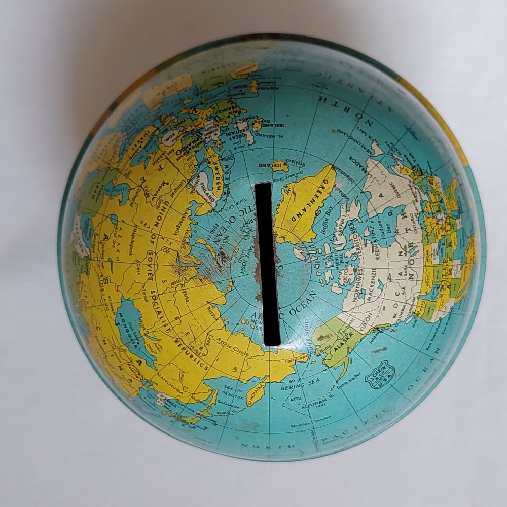 J. Chein & Co. Tin Lithographed Vintage Globe Coin Bank