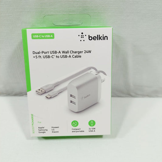 Belkin Dual-Port USB-A Wall Charger 24W with USB-C Cable