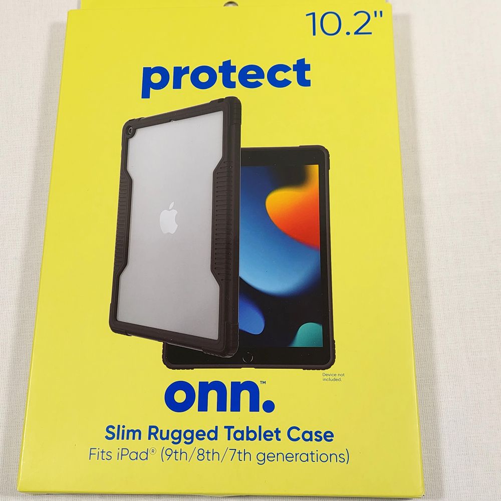 Onn. Protect tablet case retail packaging for iPad, shown in a bright yellow box with blue text and a photo of the black slim rugged case on a white background
