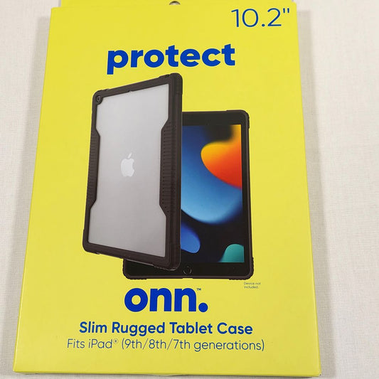 Onn. Protect tablet case retail packaging for iPad, shown in a bright yellow box with blue text and a photo of the black slim rugged case on a white background