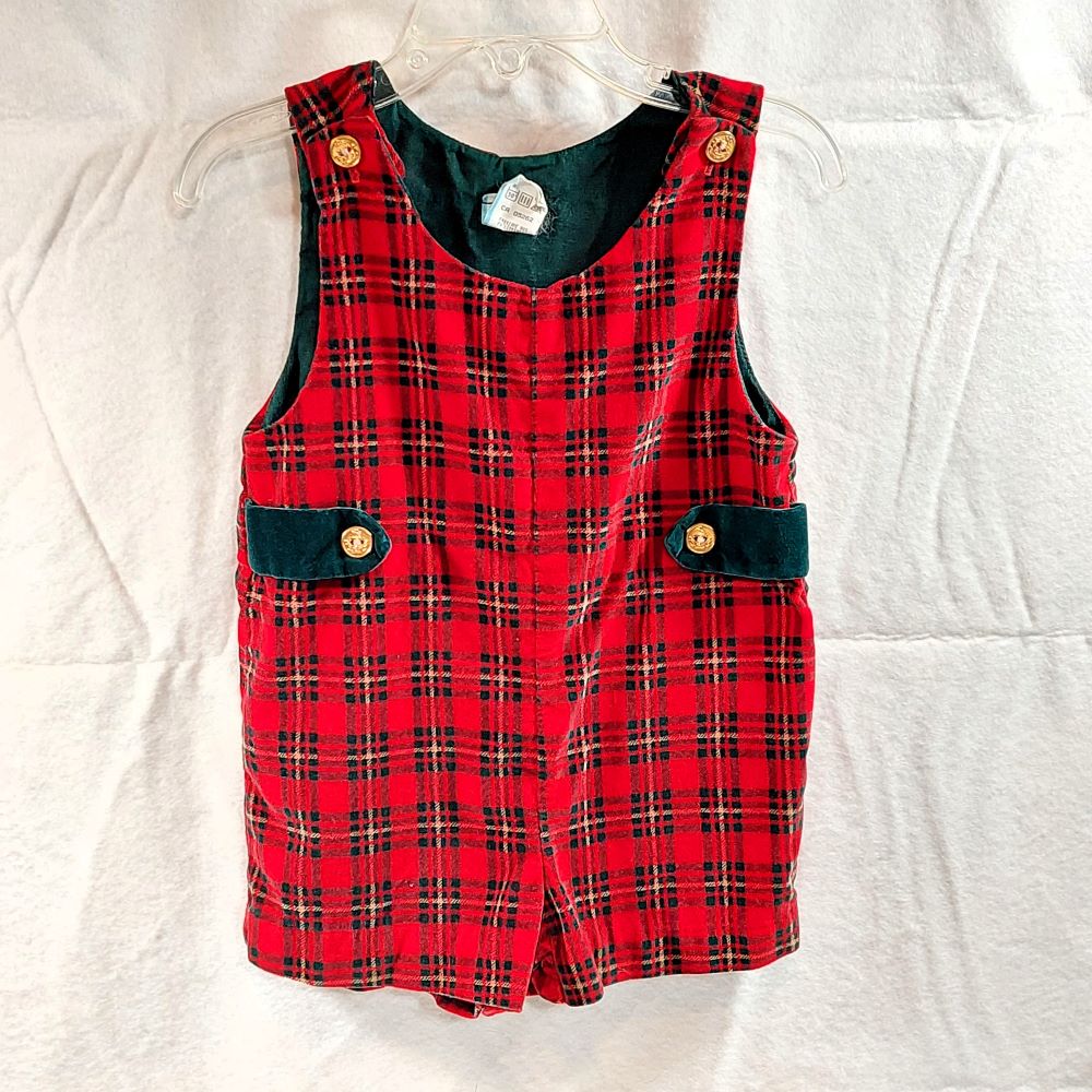 Infant Red & Green Plaid Velour Overall Shorts 18 Months