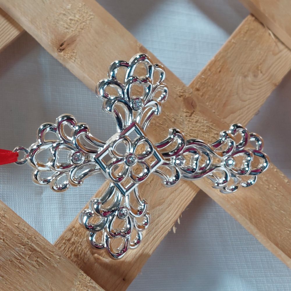 Lenox Sparkle and Scroll Clear Crystal Silverplate Cross Ornament
