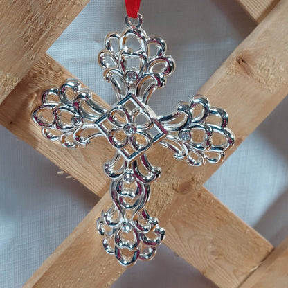 Lenox Sparkle and Scroll Clear Crystal Silverplate Cross Ornament