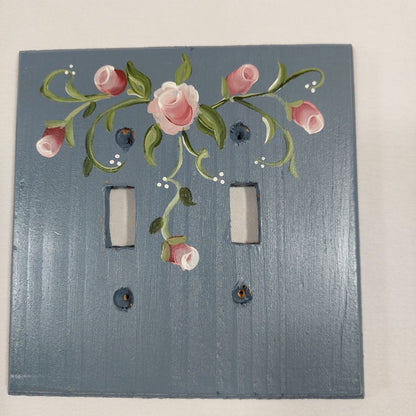 Handmade 2-Gang Wall Plate Blue with Pink Floral Pattern