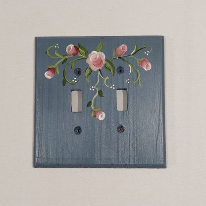 Handmade 2-Gang Wall Plate Blue with Pink Floral Pattern