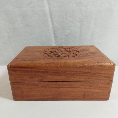 Wooden Box with Floral Design Carved on Lid for Jewelry & Trinkets