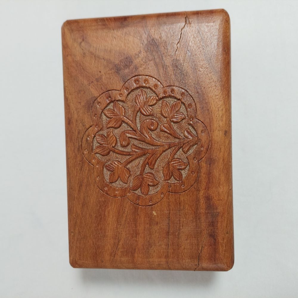 Wooden Box with Floral Design Carved on Lid for Jewelry & Trinkets