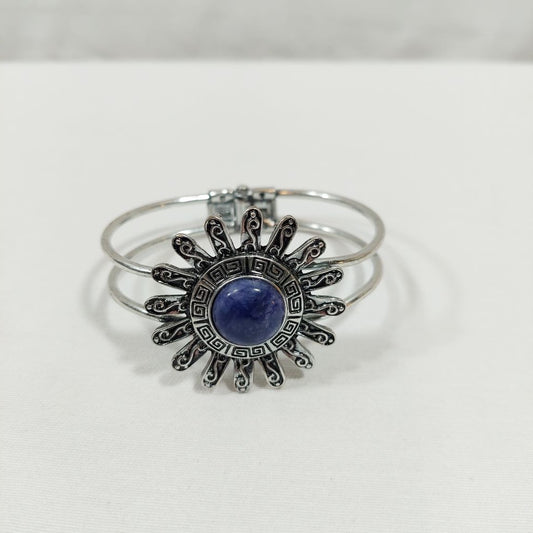 Silvertone Hinged Bracelet with Round Blue Faux Gemstone