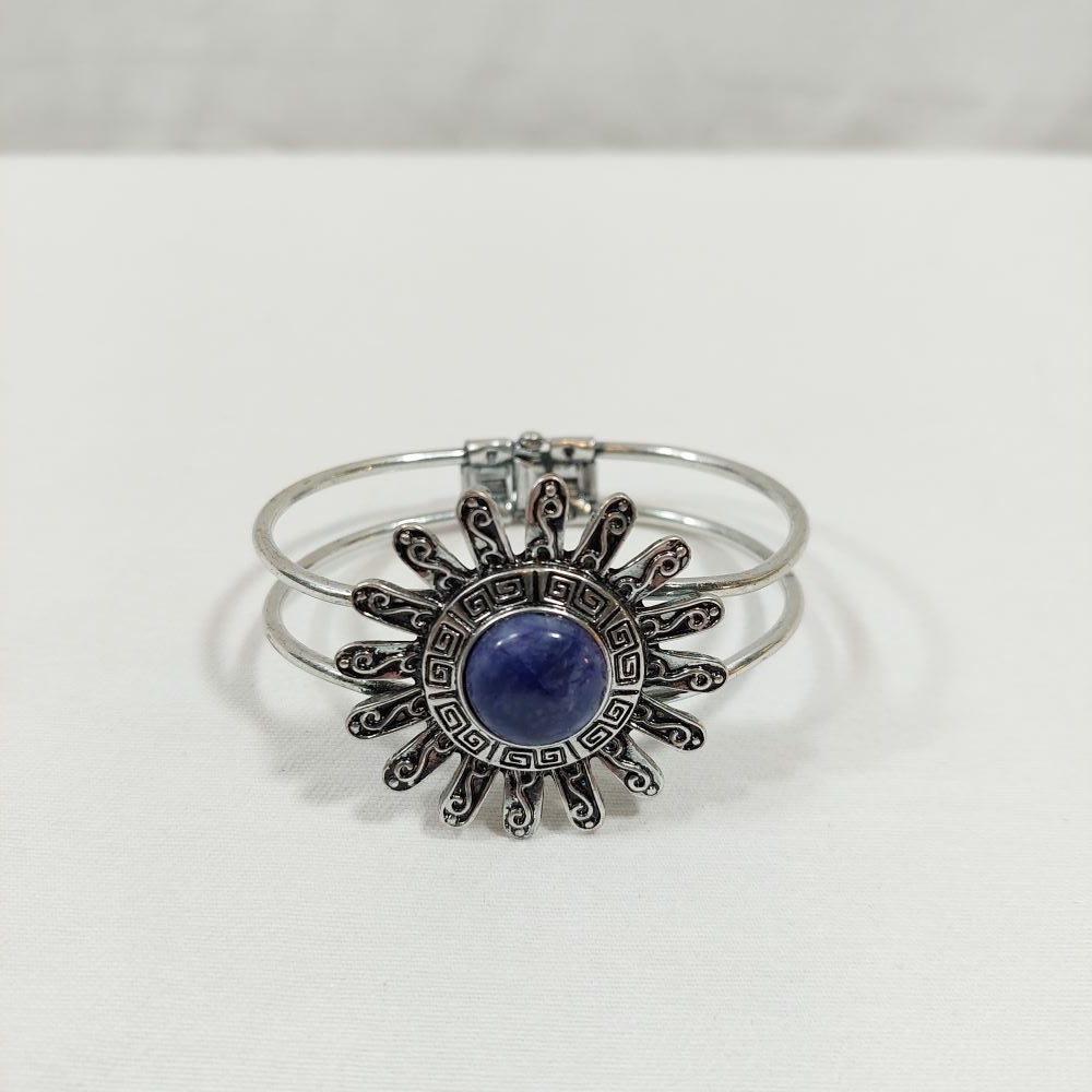 Silvertone Hinged Bracelet with Round Blue Faux Gemstone