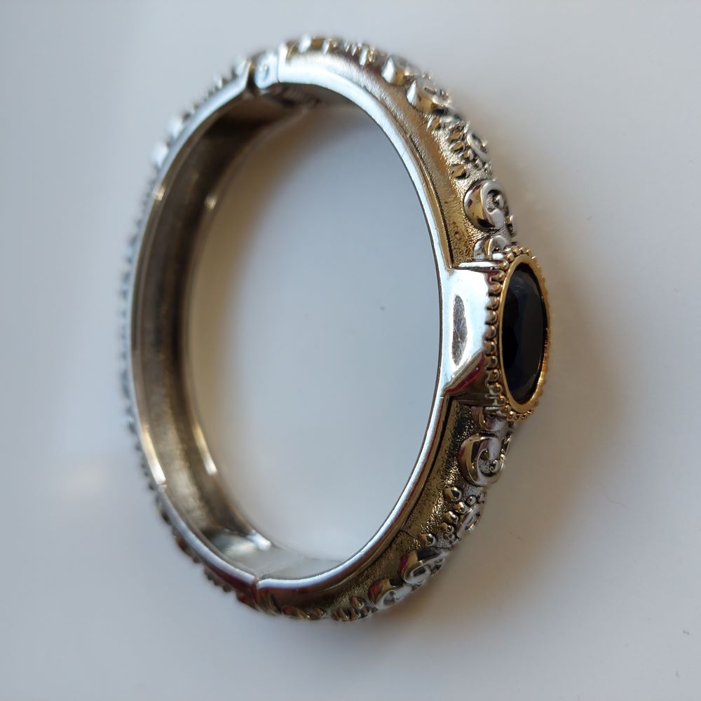 Silvertone Solid Hinged Bracelet with Black Faux Gemstone