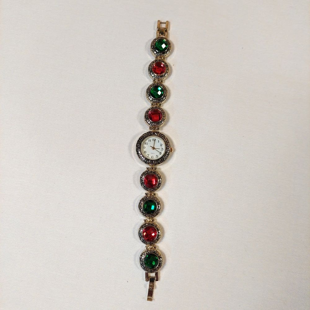 Quartz Watch Faux Green and Red Gemstones for Women Novelty Holiday