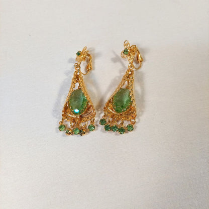 Clip On Earrings Costume Jewelry Dangling with Green Faux Gemstones