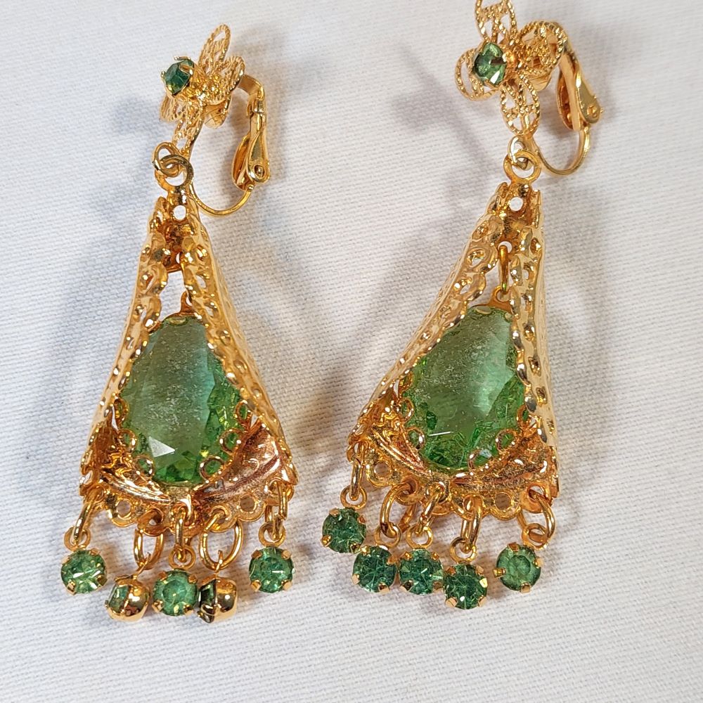 Clip On Earrings Costume Jewelry Dangling with Green Faux Gemstones