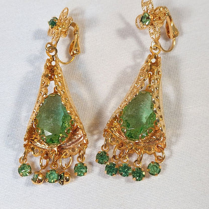 Clip On Earrings Costume Jewelry Dangling with Green Faux Gemstones