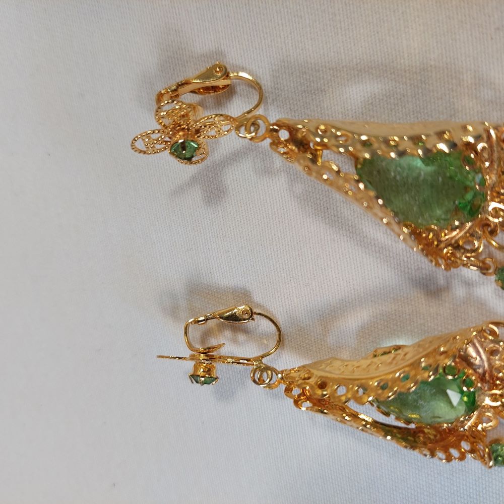 Clip On Earrings Costume Jewelry Dangling with Green Faux Gemstones