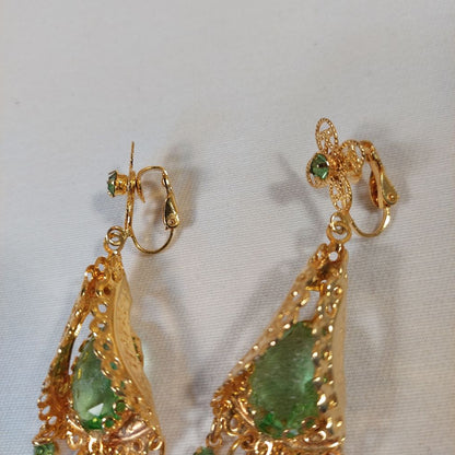 Clip On Earrings Costume Jewelry Dangling with Green Faux Gemstones