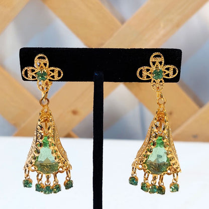 Clip On Earrings Costume Jewelry Dangling with Green Faux Gemstones