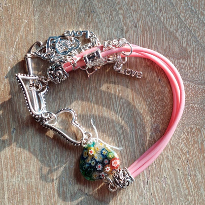Pink Multi-Cord Hearts Charm Bracelet Costume Jewelry