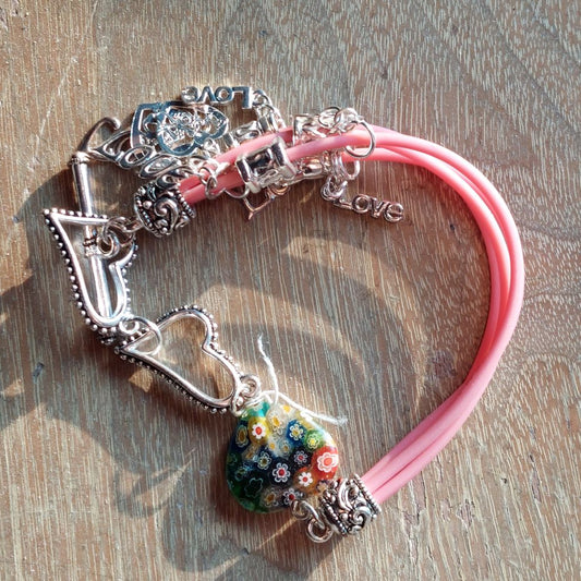 Pink Multi-Cord Hearts Charm Bracelet Costume Jewelry