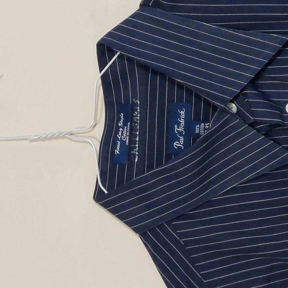 Paul Fredrick Navy Blue Pinstriped Dress Shirt Men's Size 17-35