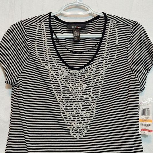 Striped Cap Sleeve Top with Faux Pearls Embellishment - Women Size Small