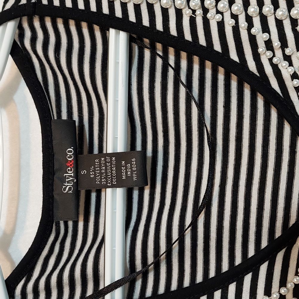 Striped Cap Sleeve Top with Faux Pearls Embellishment - Women Size Small