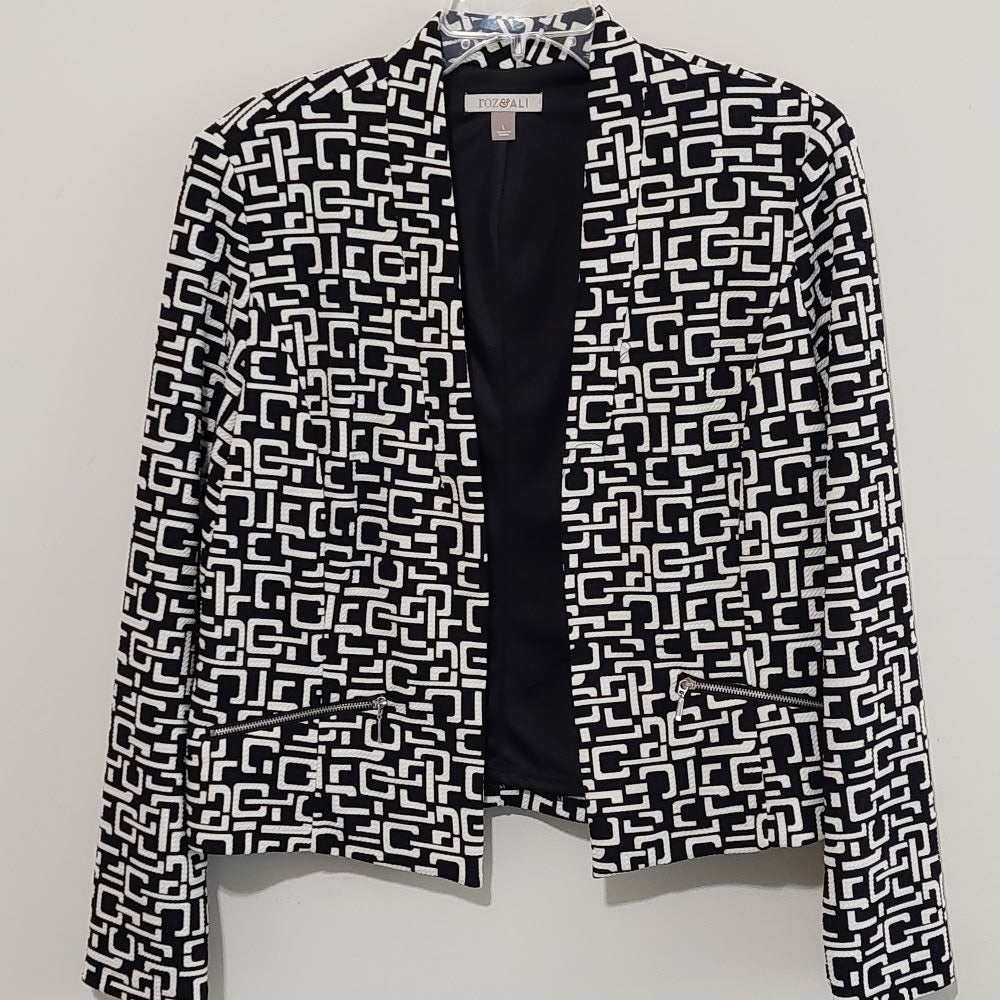 Roz & Ali Black & White Patterned Blazer Women's Size L