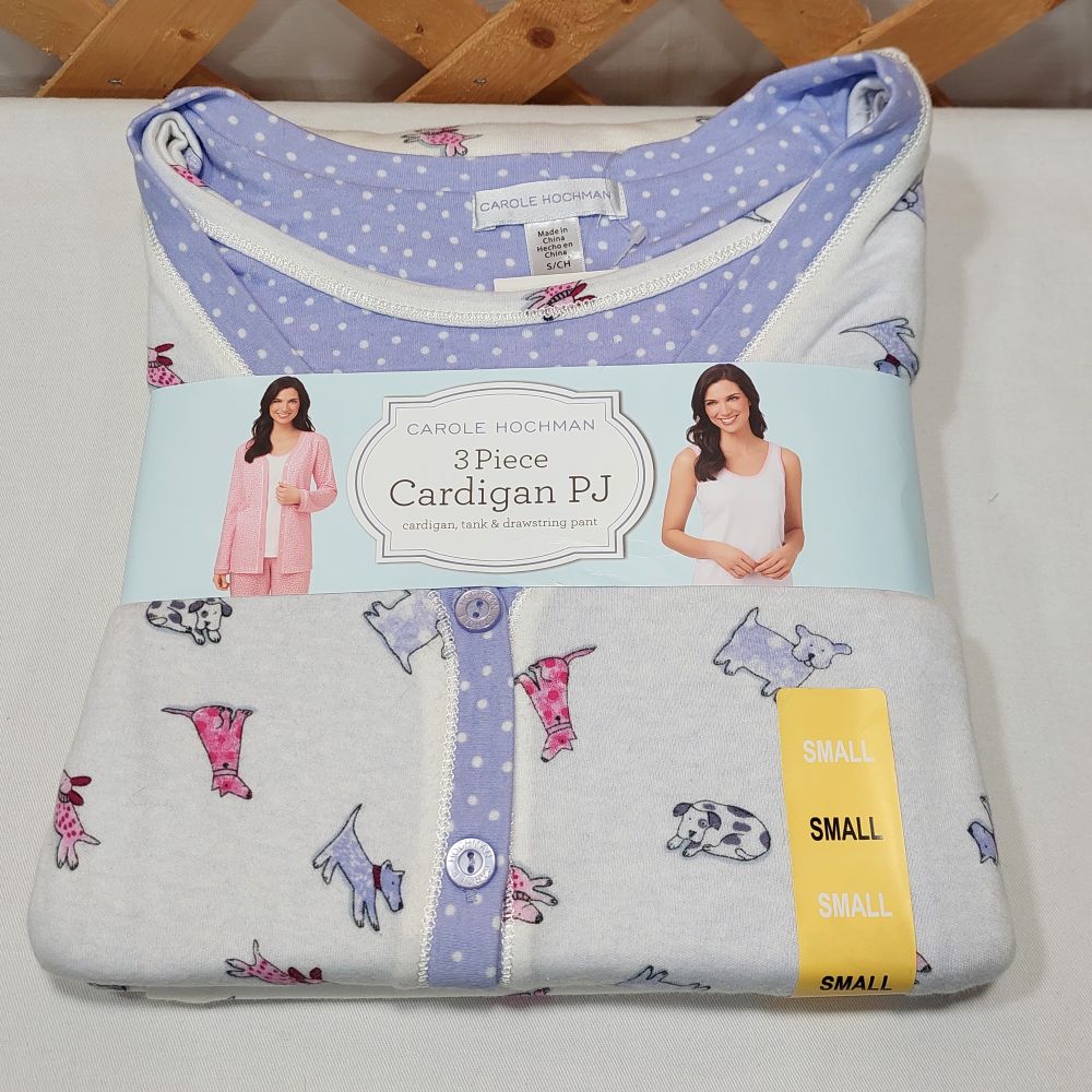Carole Hochman 3 Piece Cardigan PJ Set with Dog Theme Women's Size Small