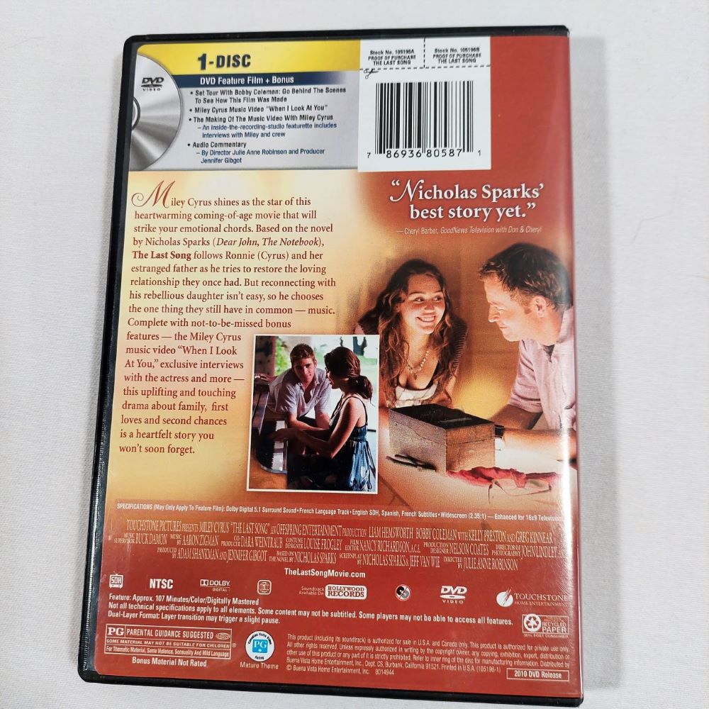 The Last Song Movie DVD View of Back of Package